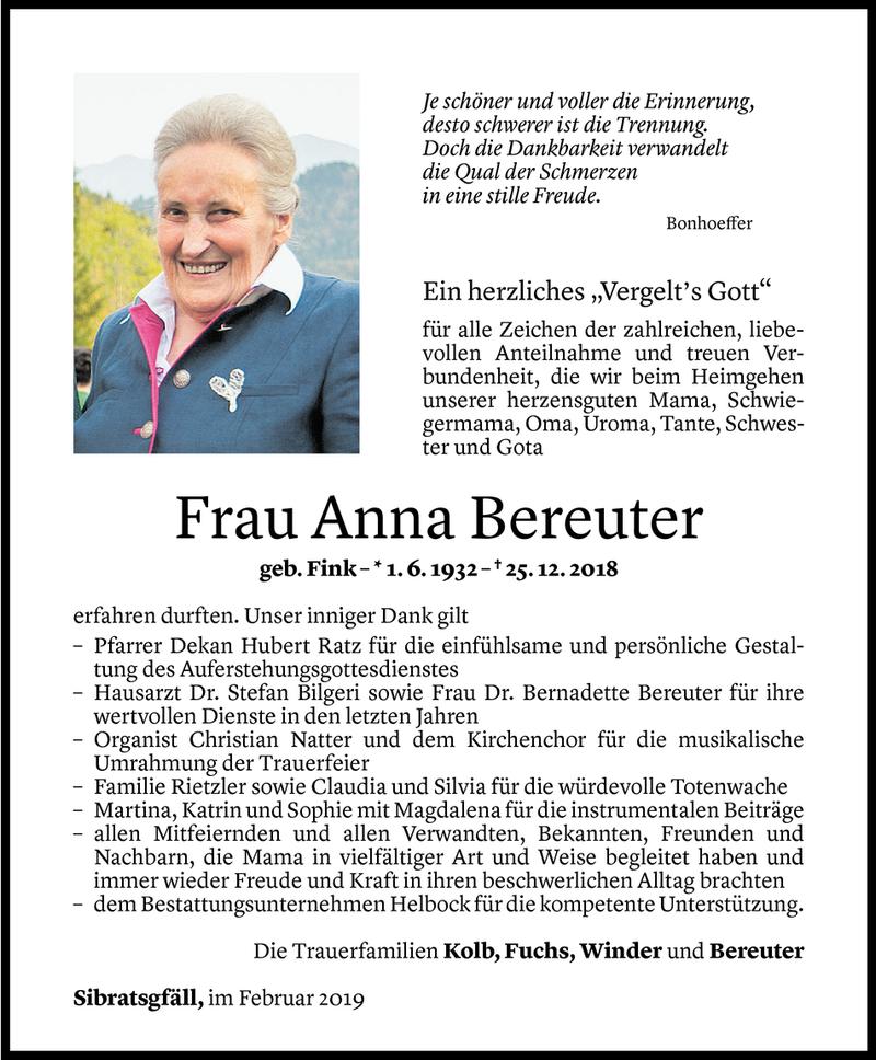  Todesanzeige für Anna Bereuter vom 04.02.2019 aus Vorarlberger Nachrichten
