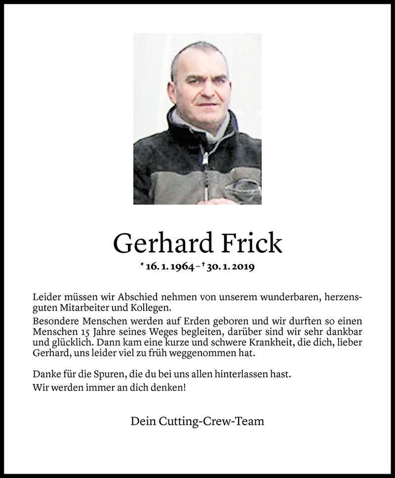  Todesanzeige für Gerhard Frick vom 05.02.2019 aus Vorarlberger Nachrichten