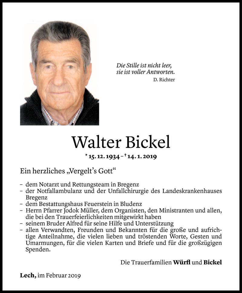  Todesanzeige für Walter Bickel vom 08.02.2019 aus Vorarlberger Nachrichten