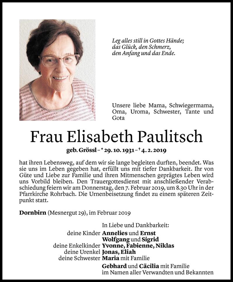  Todesanzeige für Elisabeth Paulitsch vom 05.02.2019 aus Vorarlberger Nachrichten