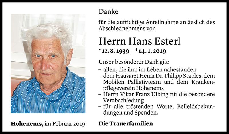  Todesanzeige für Hans Esterl vom 09.02.2019 aus Vorarlberger Nachrichten