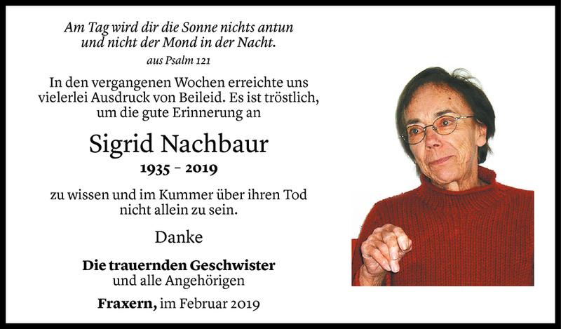  Todesanzeige für Sigrid Nachbaur vom 09.02.2019 aus Vorarlberger Nachrichten