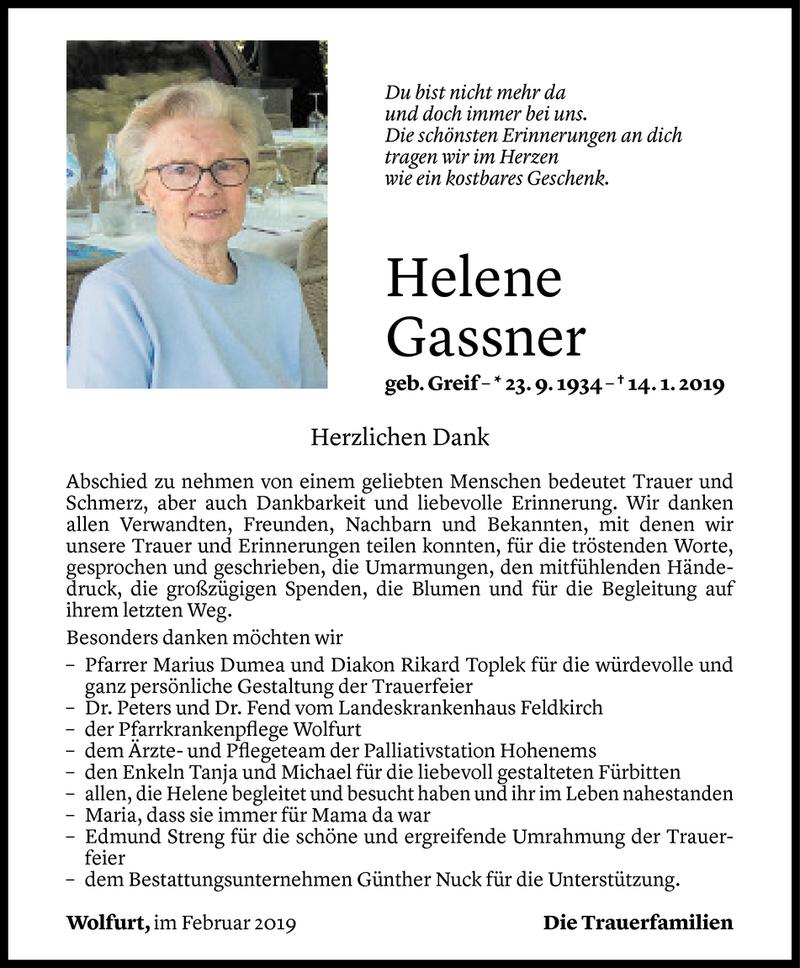  Todesanzeige für Helene Gassner vom 07.02.2019 aus Vorarlberger Nachrichten