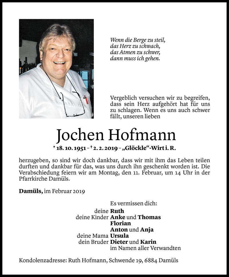 Todesanzeigen von Jochen Hofmann | Todesanzeigen Vorarlberger Nachrichten