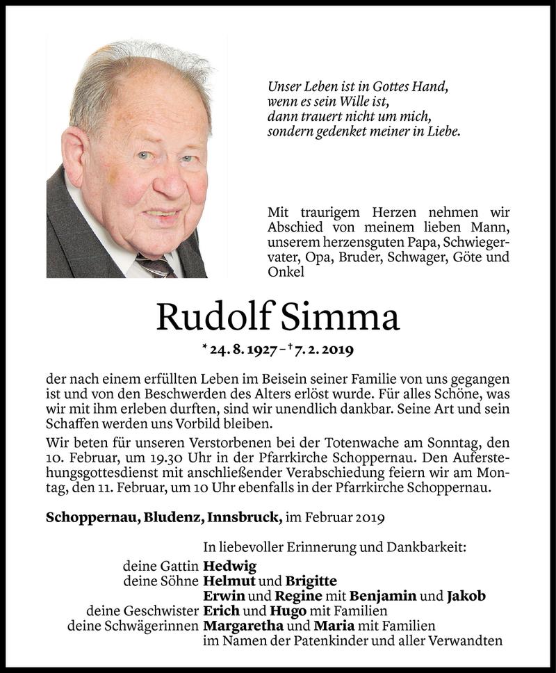  Todesanzeige für Rudolf Simma vom 08.02.2019 aus Vorarlberger Nachrichten