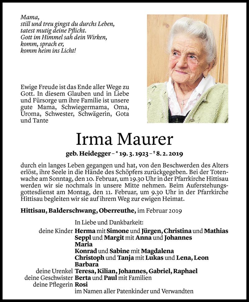  Todesanzeige für Irma Maurer vom 08.02.2019 aus Vorarlberger Nachrichten