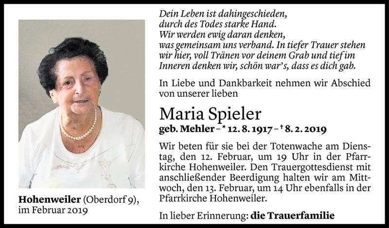  Todesanzeige für Maria Spieler vom 10.02.2019 aus Vorarlberger Nachrichten
