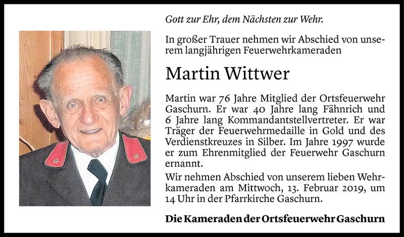  Todesanzeige für Martin Wittwer vom 11.02.2019 aus Vorarlberger Nachrichten
