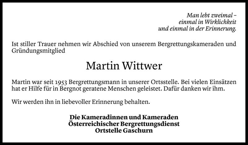  Todesanzeige für Martin Wittwer vom 11.02.2019 aus Vorarlberger Nachrichten