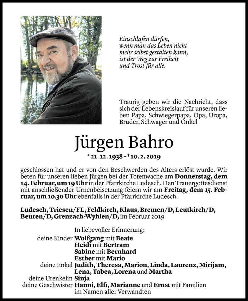  Todesanzeige für Jürgen Bahro vom 13.02.2019 aus Vorarlberger Nachrichten