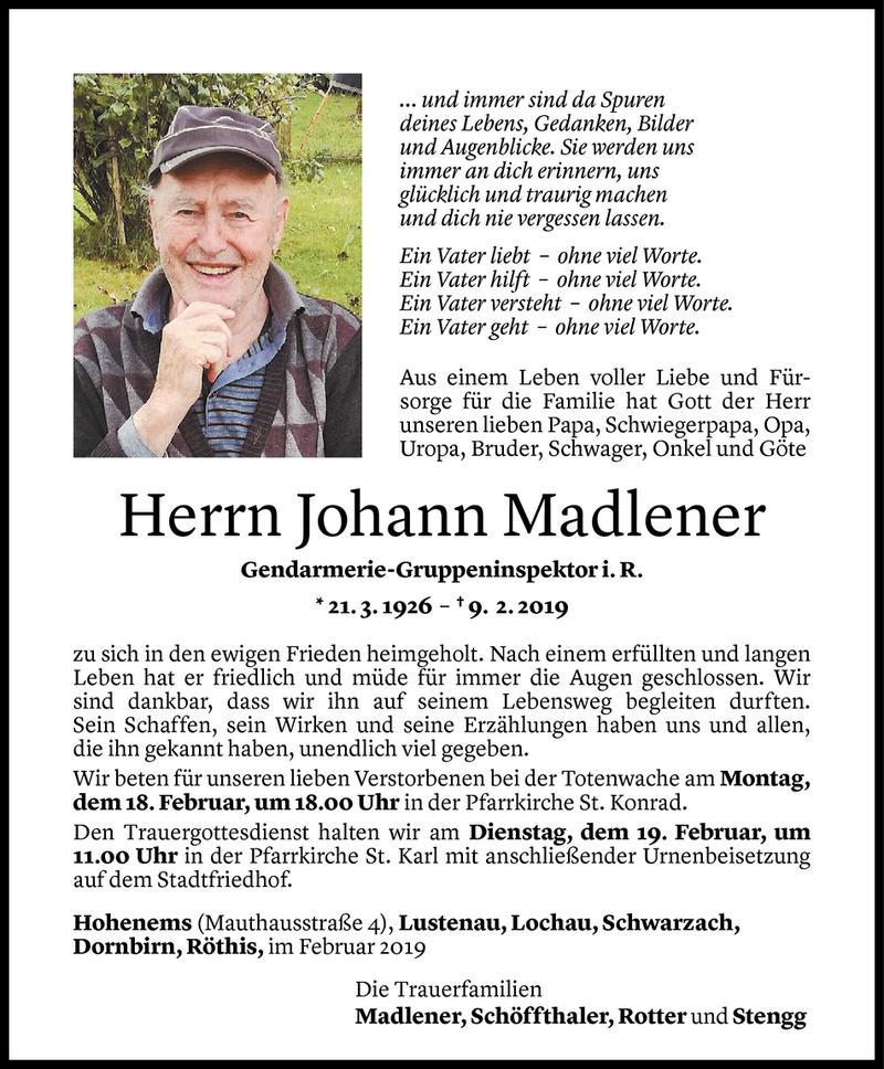  Todesanzeige für Johann Madlener vom 15.02.2019 aus Vorarlberger Nachrichten