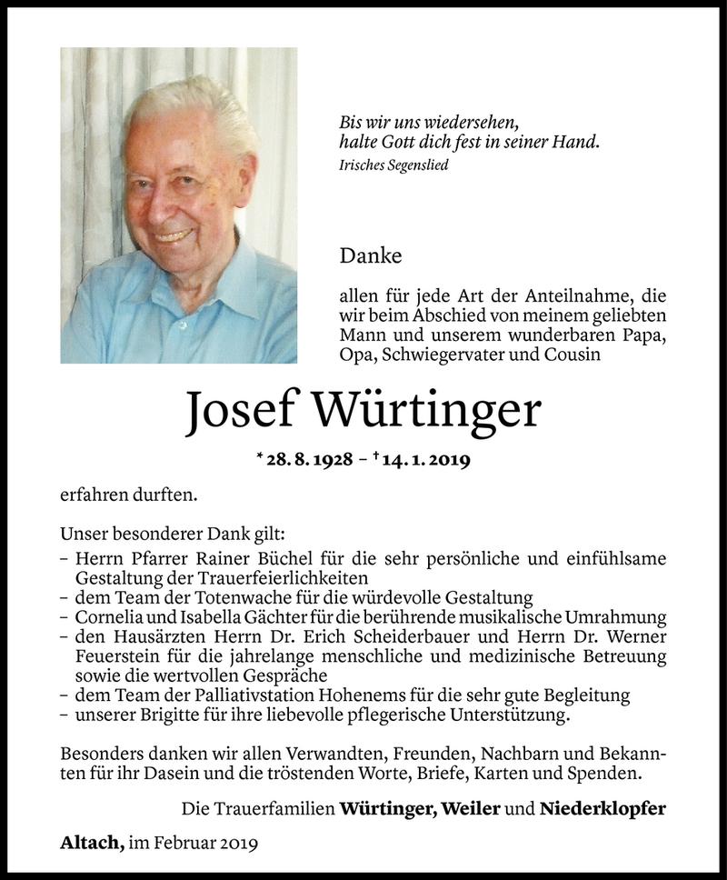  Todesanzeige für Josef Würtinger vom 14.02.2019 aus Vorarlberger Nachrichten