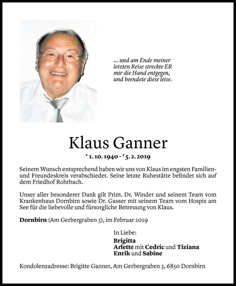  Todesanzeige für Klaus Ganner vom 16.02.2019 aus Vorarlberger Nachrichten