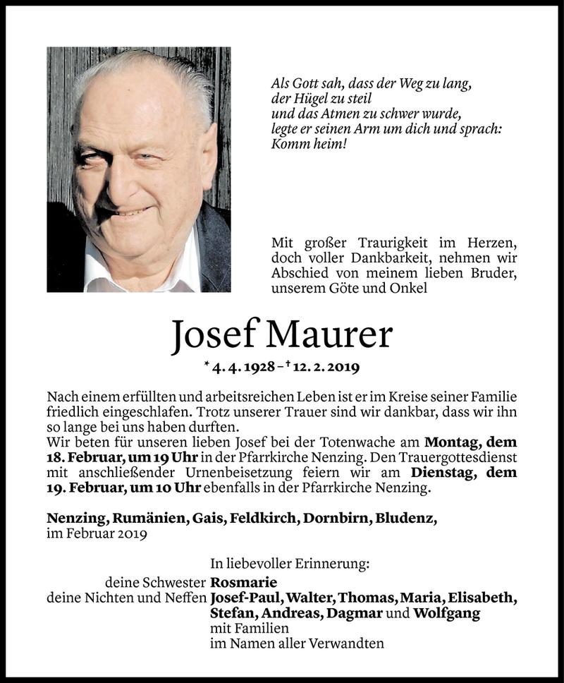  Todesanzeige für Josef Maurer vom 14.02.2019 aus Vorarlberger Nachrichten