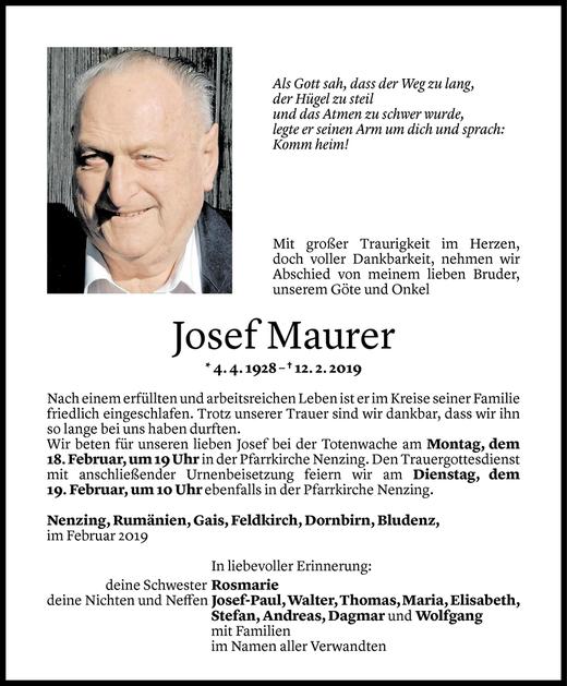 Todesanzeige von Josef Maurer von Vorarlberger Nachrichten