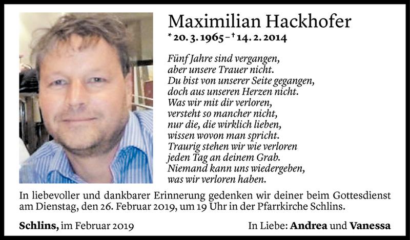  Todesanzeige für Maximilian Hackhofer vom 13.02.2019 aus Vorarlberger Nachrichten