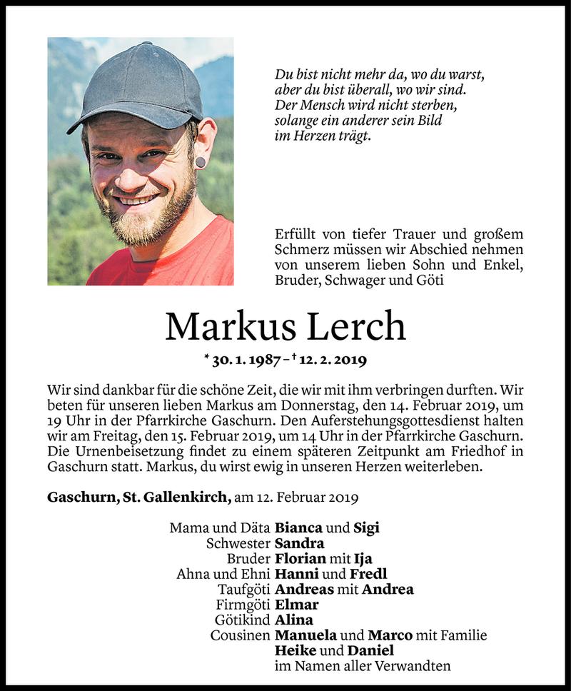  Todesanzeige für Markus Lerch vom 13.02.2019 aus Vorarlberger Nachrichten