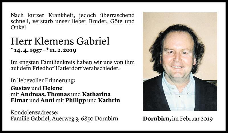  Todesanzeige für Klemens Gabriel vom 16.02.2019 aus Vorarlberger Nachrichten