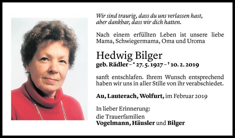  Todesanzeige für Hedwig Bilger vom 15.02.2019 aus Vorarlberger Nachrichten