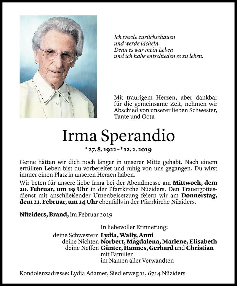 Todesanzeige für Irma Sperandio vom 16.02.2019 aus Vorarlberger Nachrichten