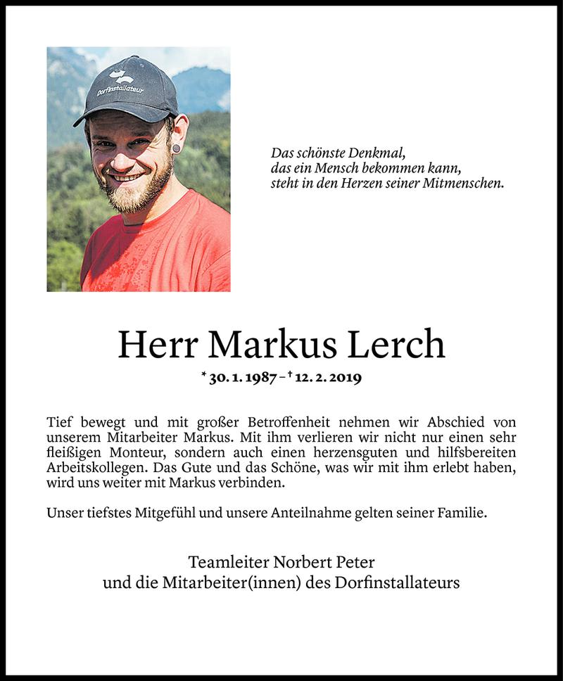  Todesanzeige für Markus Lerch vom 14.02.2019 aus Vorarlberger Nachrichten