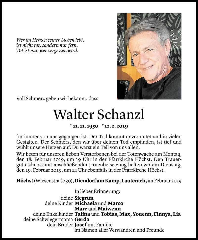  Todesanzeige für Walter Schanzl vom 15.02.2019 aus Vorarlberger Nachrichten