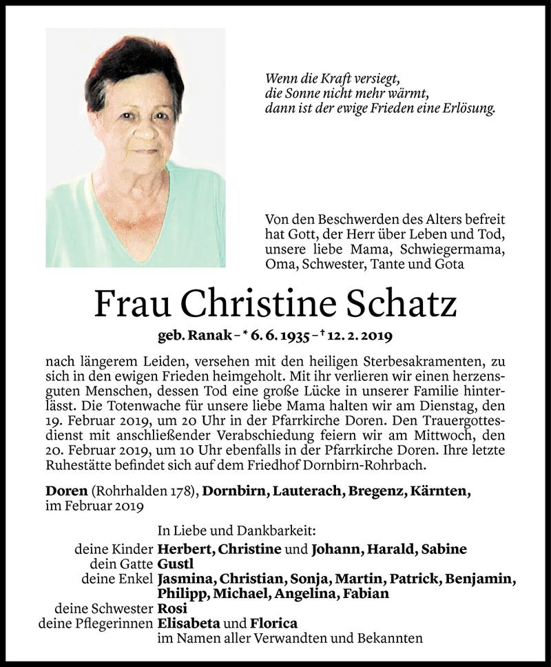  Todesanzeige für Christine Schatz vom 15.02.2019 aus Vorarlberger Nachrichten