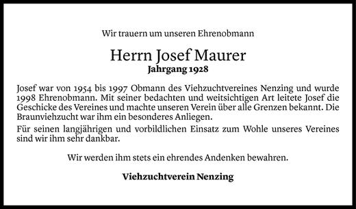 Todesanzeige von Josef Maurer von Vorarlberger Nachrichten