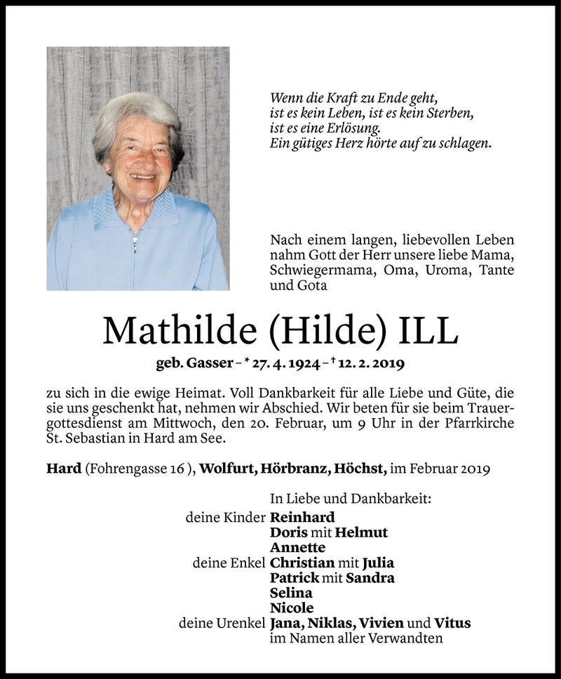  Todesanzeige für Mathilde ILL vom 15.02.2019 aus Vorarlberger Nachrichten