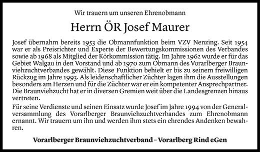 Todesanzeige von Josef Maurer von Vorarlberger Nachrichten