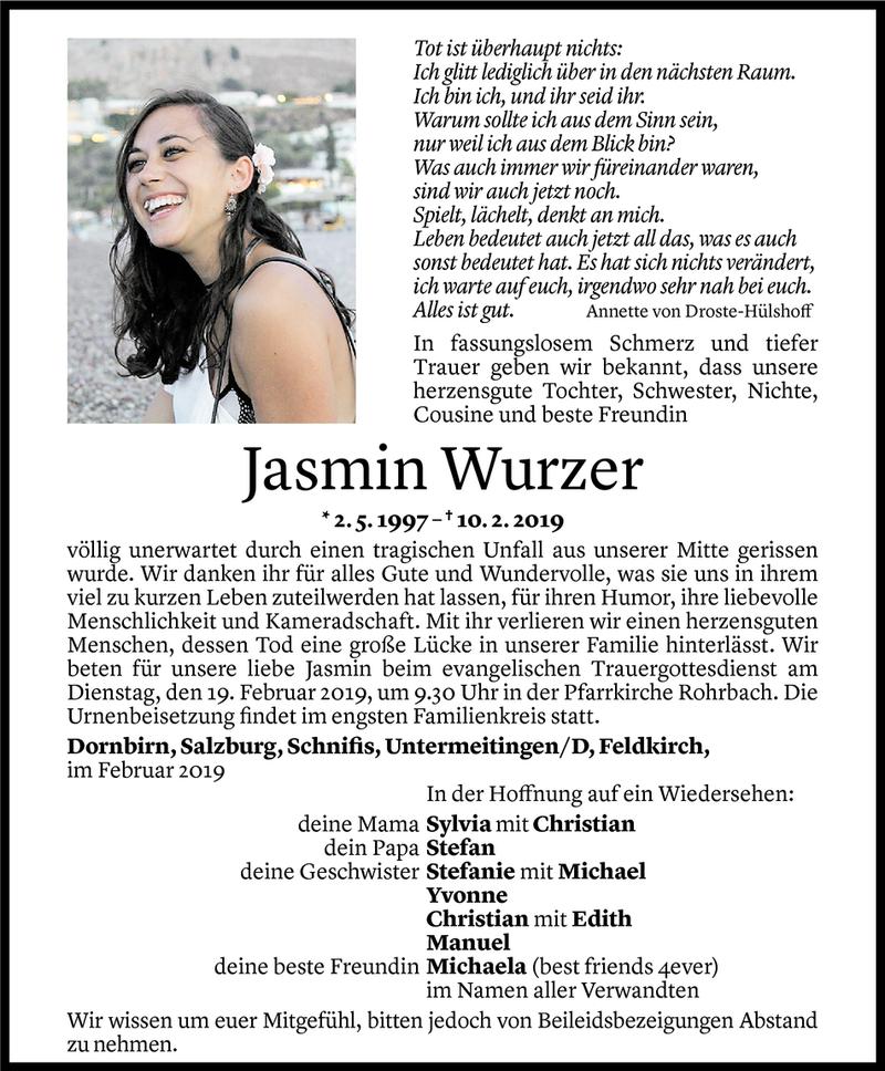  Todesanzeige für Jasmin Wurzer vom 15.02.2019 aus Vorarlberger Nachrichten