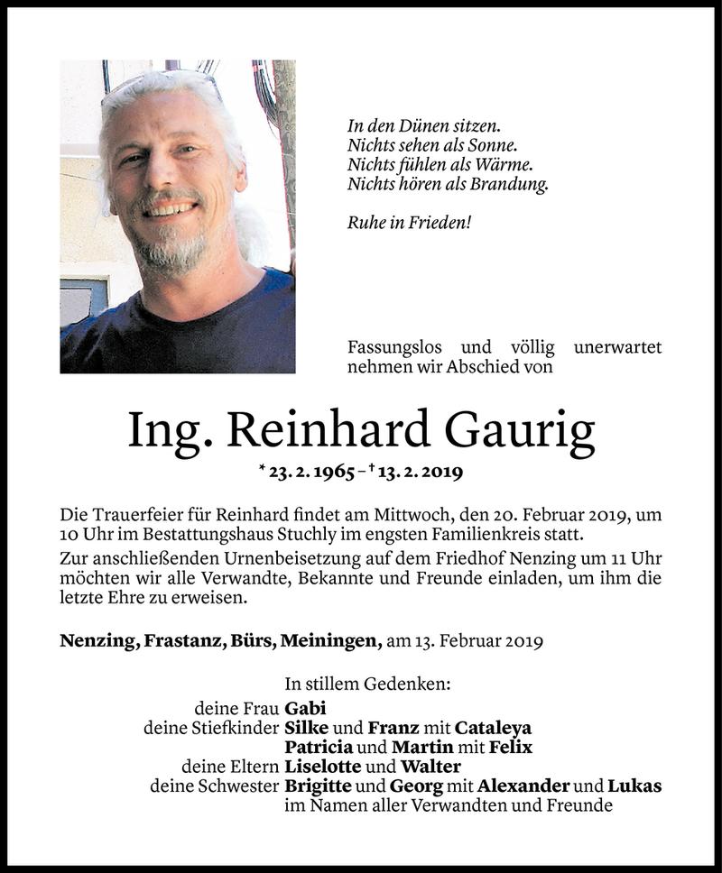  Todesanzeige für Reinhard Gaurig vom 16.02.2019 aus Vorarlberger Nachrichten