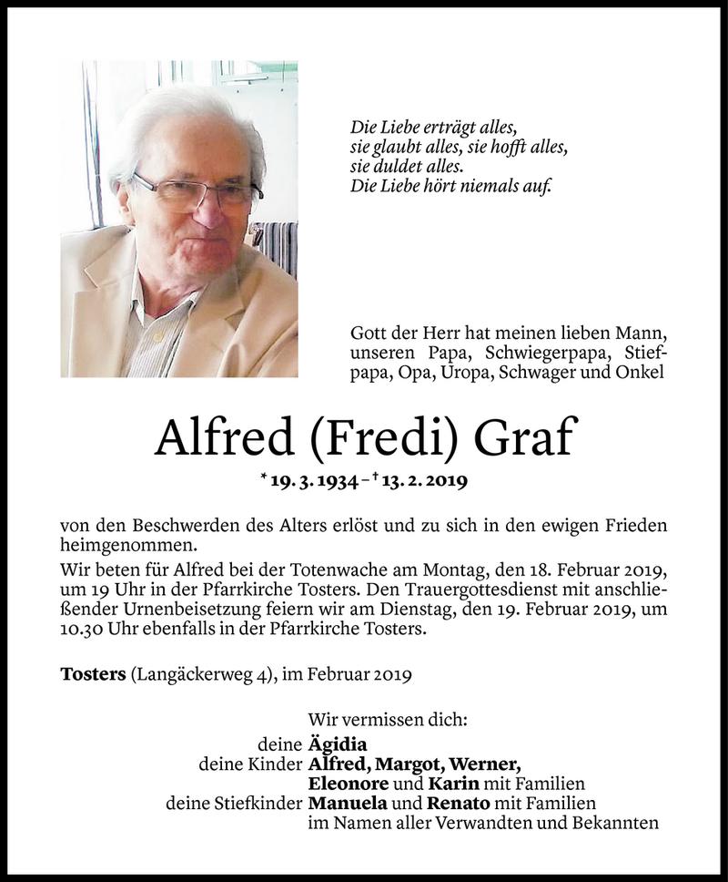  Todesanzeige für Alfred Graf vom 15.02.2019 aus Vorarlberger Nachrichten