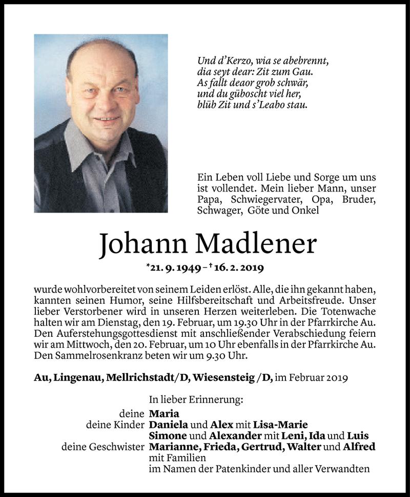  Todesanzeige für Johann Madlener vom 17.02.2019 aus Vorarlberger Nachrichten