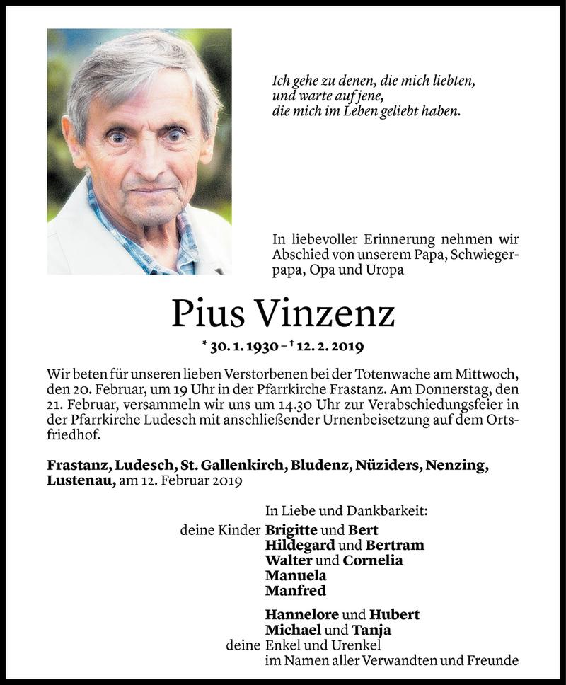  Todesanzeige für Pius Vinzenz vom 18.02.2019 aus Vorarlberger Nachrichten