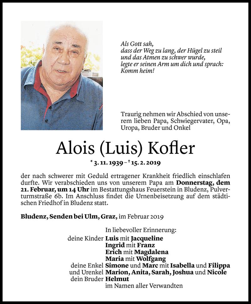  Todesanzeige für Alois Kofler vom 19.02.2019 aus Vorarlberger Nachrichten