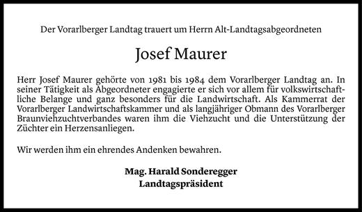Todesanzeige von Josef Maurer von Vorarlberger Nachrichten