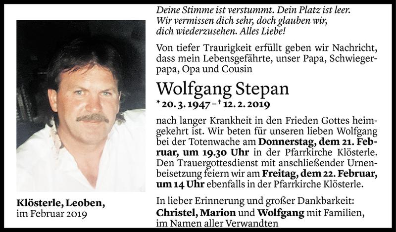  Todesanzeige für Wolfgang Stepan vom 20.02.2019 aus Vorarlberger Nachrichten