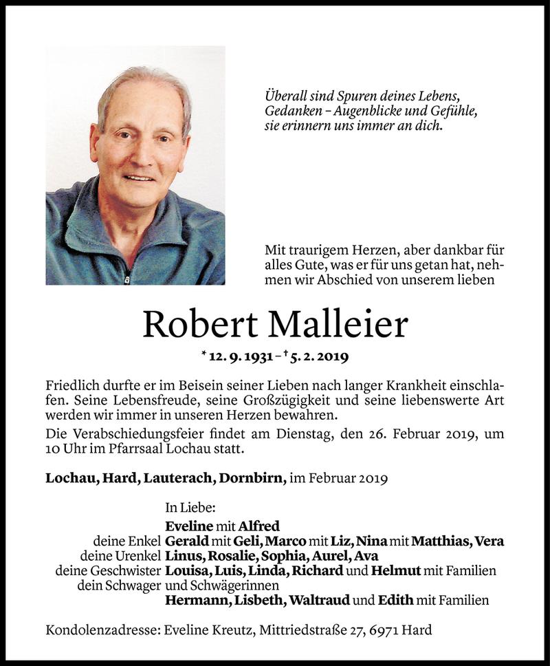  Todesanzeige für Robert Malleier vom 22.02.2019 aus Vorarlberger Nachrichten