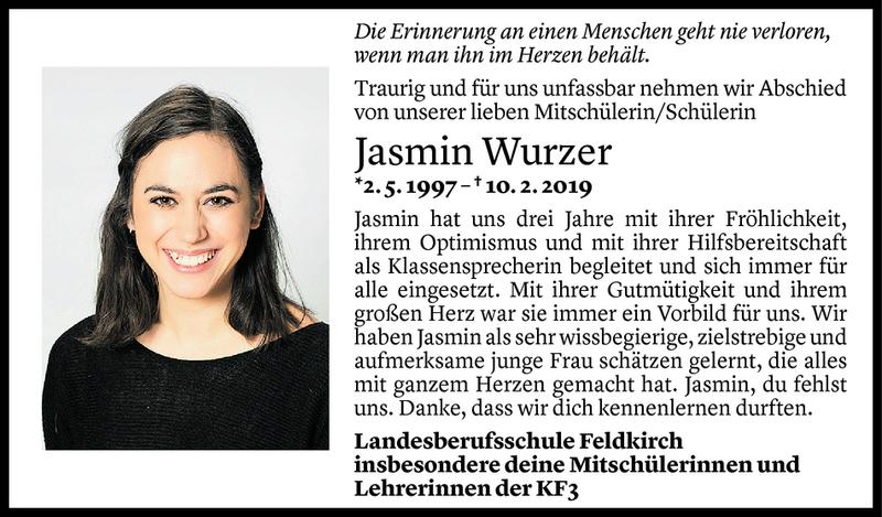  Todesanzeige für Jasmin Wurzer vom 19.02.2019 aus Vorarlberger Nachrichten