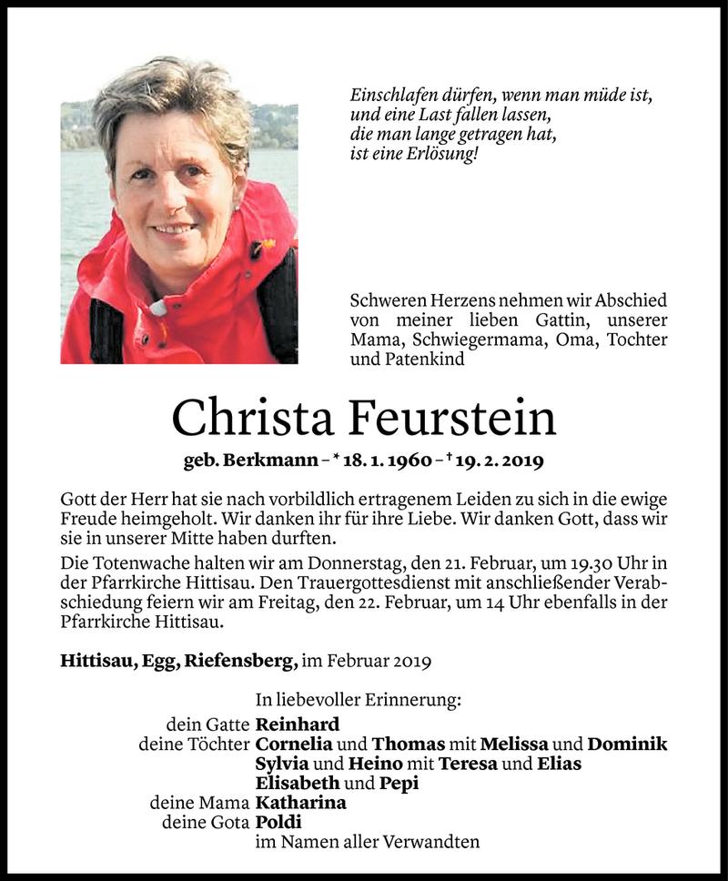  Todesanzeige für Christa Feurstein vom 20.02.2019 aus Vorarlberger Nachrichten
