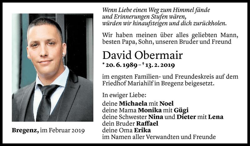  Todesanzeige für David Obermair vom 23.02.2019 aus Vorarlberger Nachrichten
