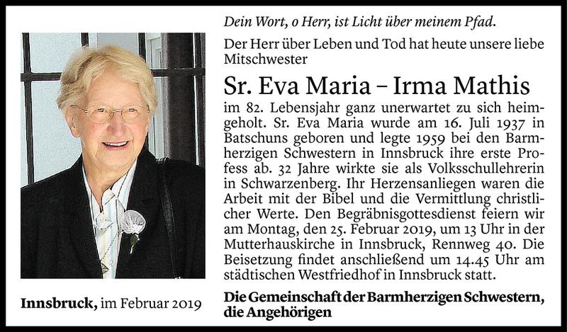  Todesanzeige für Irma Mathis Sr. Eva Maria vom 21.02.2019 aus Vorarlberger Nachrichten