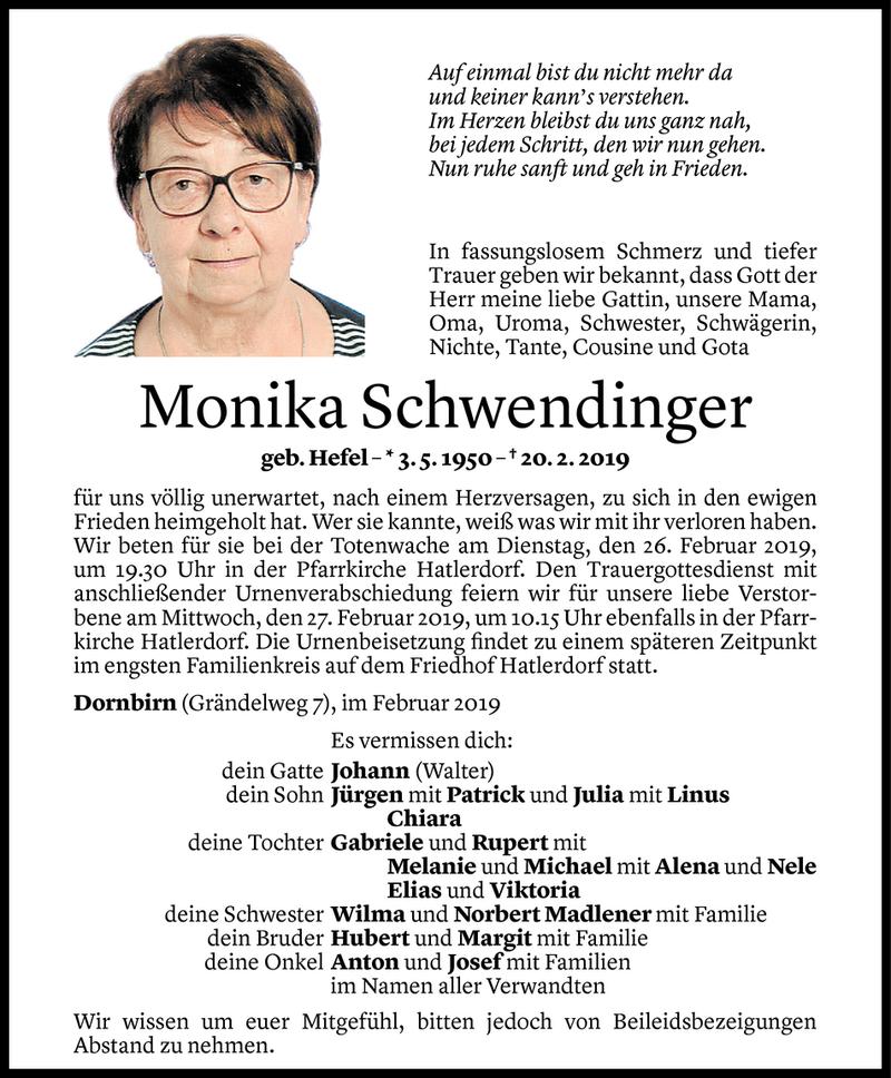  Todesanzeige für Monika Schwendinger vom 22.02.2019 aus Vorarlberger Nachrichten