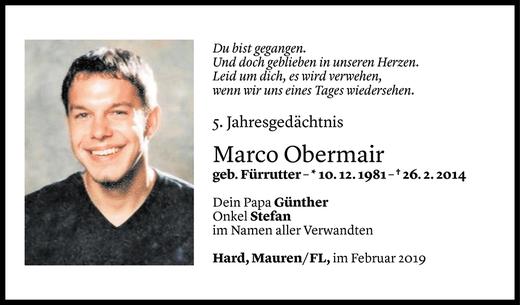Todesanzeige von Marco Obermair von Vorarlberger Nachrichten