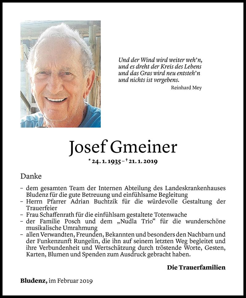 Todesanzeigen Von Josef Gmeiner | Todesanzeigen Vorarlberger Nachrichten