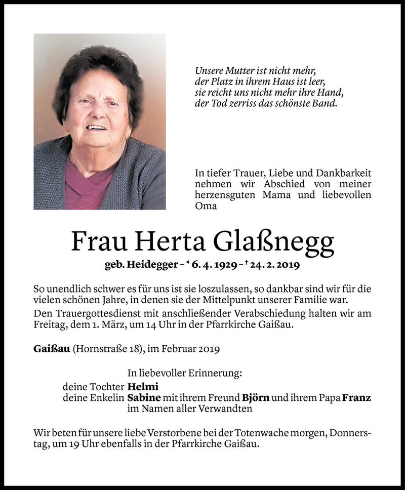  Todesanzeige für Herta Glaßnegg vom 26.02.2019 aus Vorarlberger Nachrichten