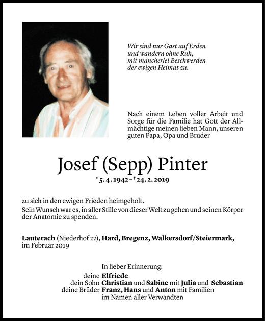 Todesanzeige von Josef Pinter von Vorarlberger Nachrichten