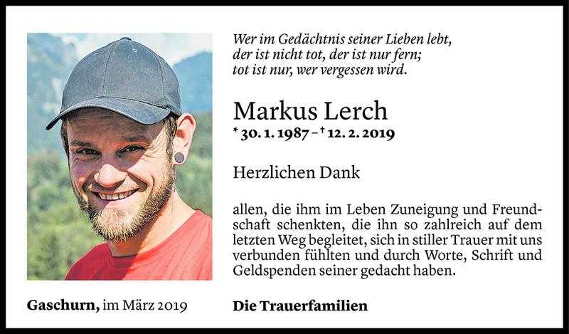  Todesanzeige für Markus Lerch vom 01.03.2019 aus Vorarlberger Nachrichten