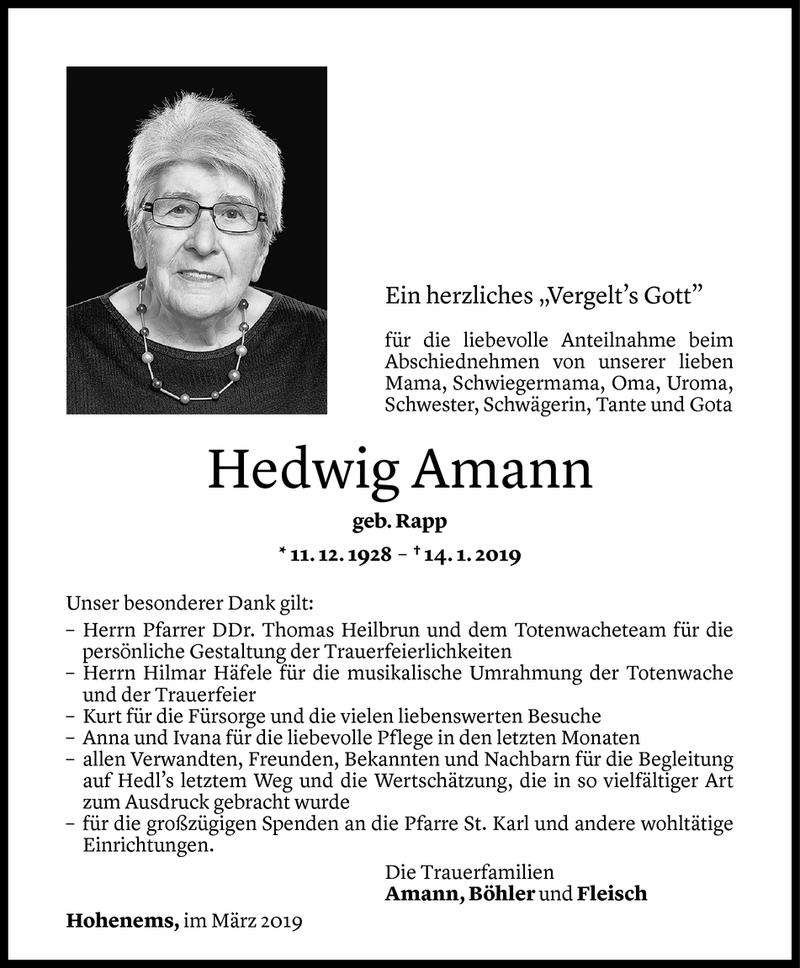  Todesanzeige für Hedwig Amann vom 06.03.2019 aus Vorarlberger Nachrichten